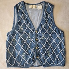 Casey  Max Vintage Denim Vest Basketweave Floral Design. Size M