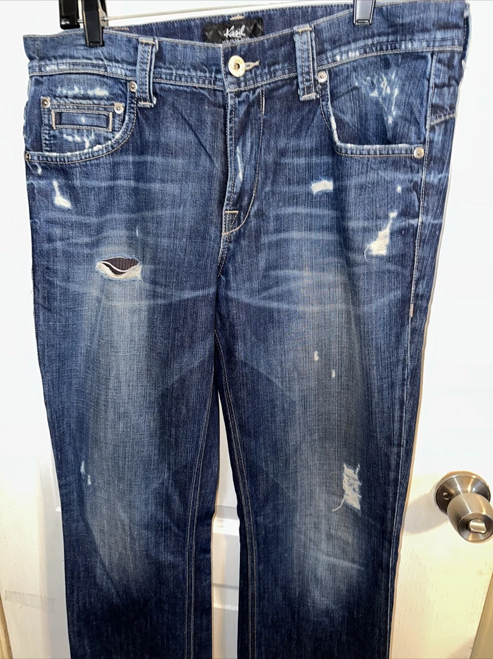 Pantalones de mezclilla Kasil azul oscuro 5 bolsillos aspecto salpicaduras calce recto para hombre talla 33W X 34L Foto 3 de 4