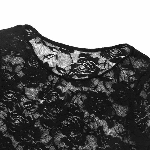 Sexy Women Lace Floral Long Sleeves Mesh Sheer Crop Tops Short T-Shirt Blouse - Picture 10 of 26