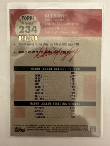 2022 Topps Chrome Platinum Dale Murphy Aqua Lava /299 - Picture 2 of 2