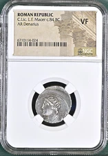 C. Licinius L.F. Macer Moneyer Roman Republic NGC VF Silver Denarius Minerva