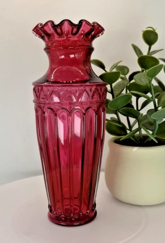 Fenton Cranberry Art Glass Vase w/ Panel Body & Ruffled Crimped Rim Vintage