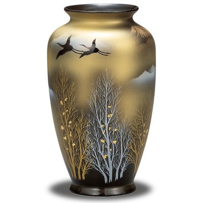 Kutani Ware Flower Vase Gold Leaf Crane & Mountains with Stand Japan