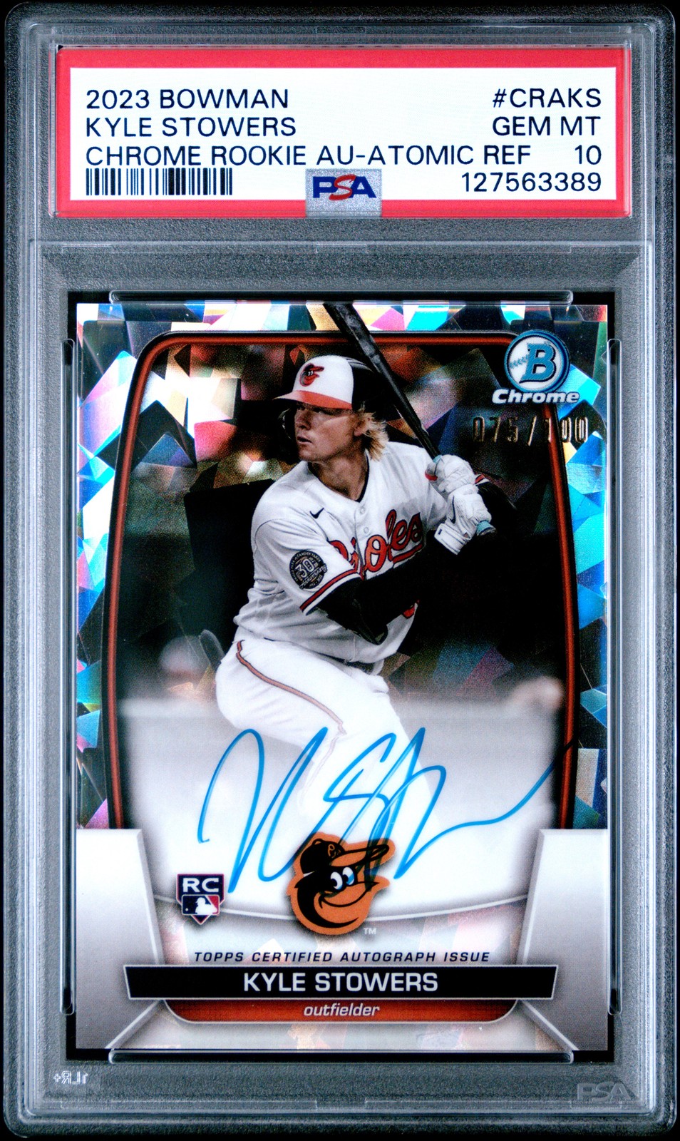 2023 BOWMAN CHROME ROOKIE AUTOS ATOMIC REFRACTOR KYLE STOWERS 75/100 PSA 10 AUTO