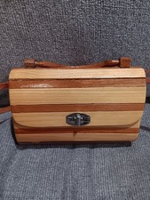 Vintage Wooded Hand Bag With Wooden Handle And Leather Strap