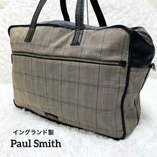 Paul Smith Made in England Leather x Check Fabric Expanded Zipper Boston Bag