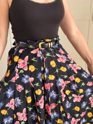 Vintage Blumenrock Midi High Waist Cottagecore 90s Handmade Viskose Unikat - Bild 1 von 4