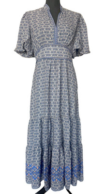 Max Studio $178 Blue Ditsy Floral Elbow Sleeve Tiered Maxi Dress Medium NWT