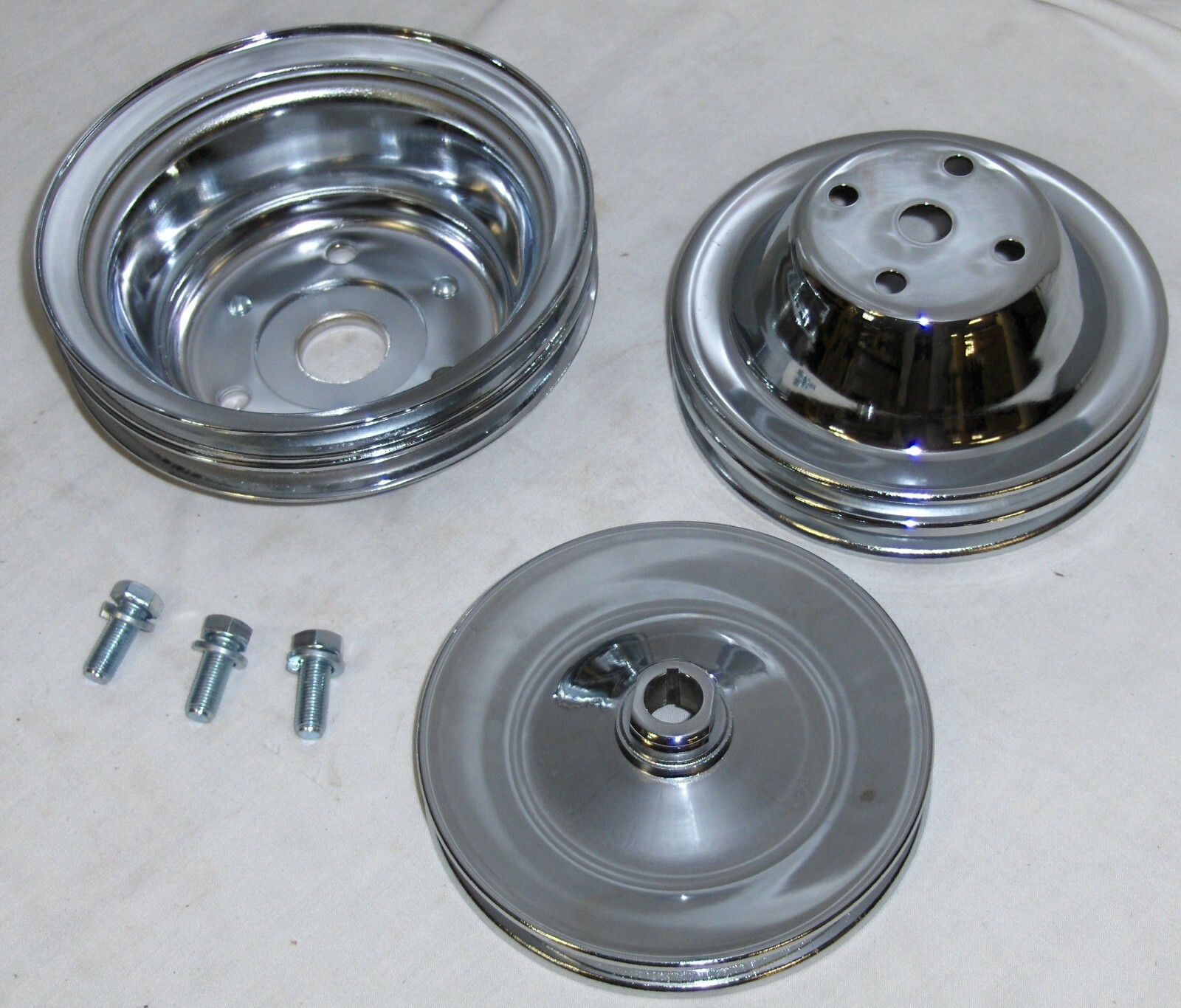 SBC Small Block Chevy 2 Groove Chrome Steel Long Water Pump Pulley Kit