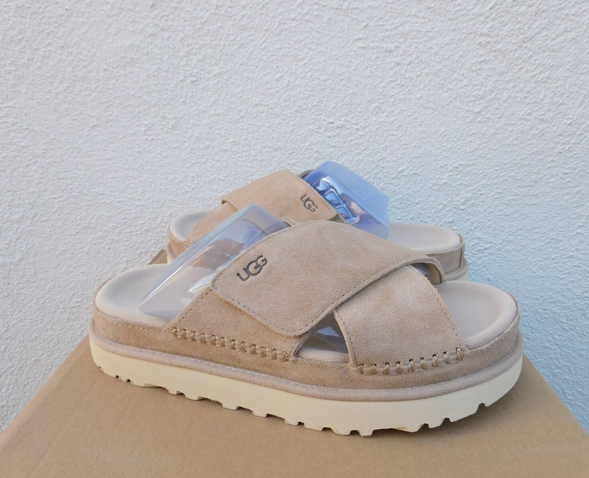 UGG DRIFTWOOD GOLDENSTAR PLATFORM CROSS SLIDE SANDALS, US 12/ EUR 43 ~NEW