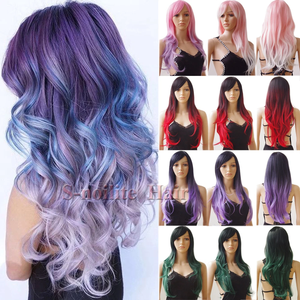 Pastel Pink Purple Red Dark Ombre Wigs Long Cosplay Hair Women Straight Wavy Wig