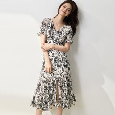 Women's Split Fishtail Black White V-Neck Print High Waist Long Midi Dress