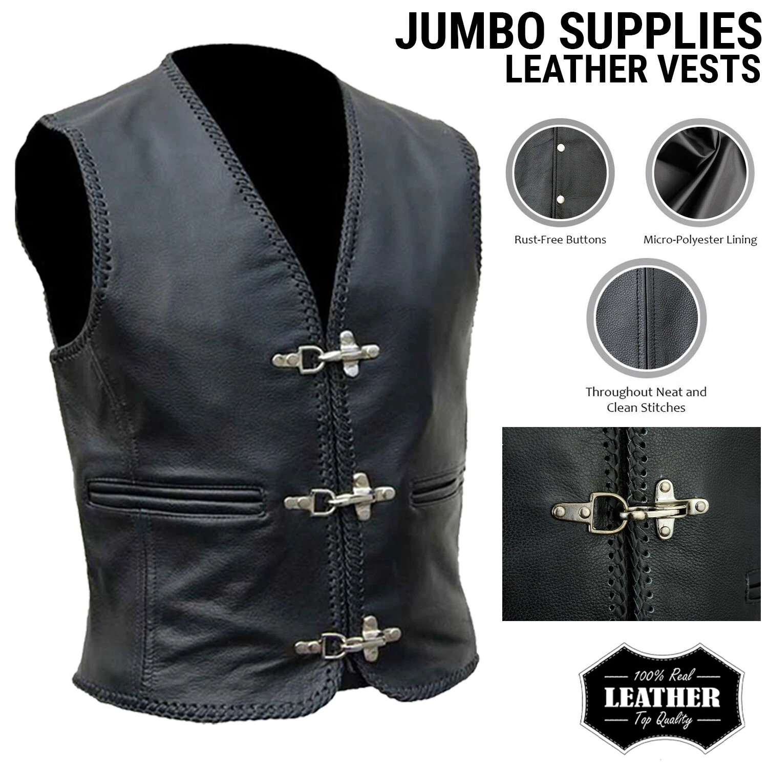 Mens Fish Hook Vest Motorcycle Full Grain 100% Real Leather Biker Waistcoat