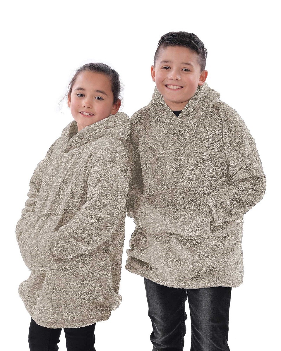 Kids Beige Teddy Fleece Reversible Sherpa Lined Oversize Hoody Snuggle Top
