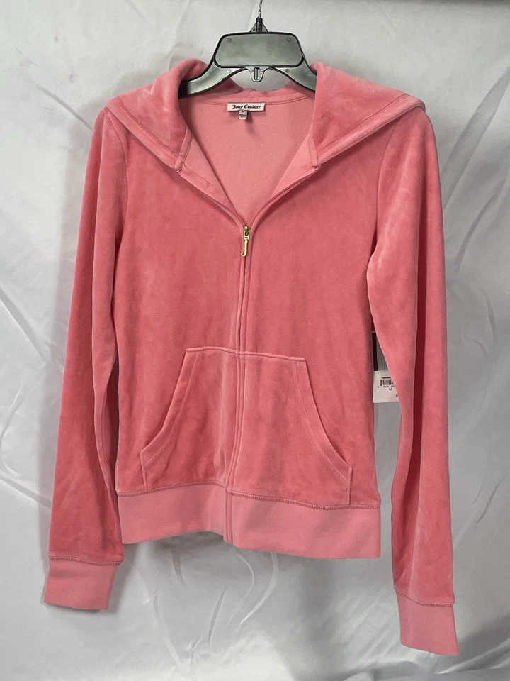 Juicy Couture 丝绒拉链连帽衫女式珊瑚粉色 M 码 — 第 2/4 张图片