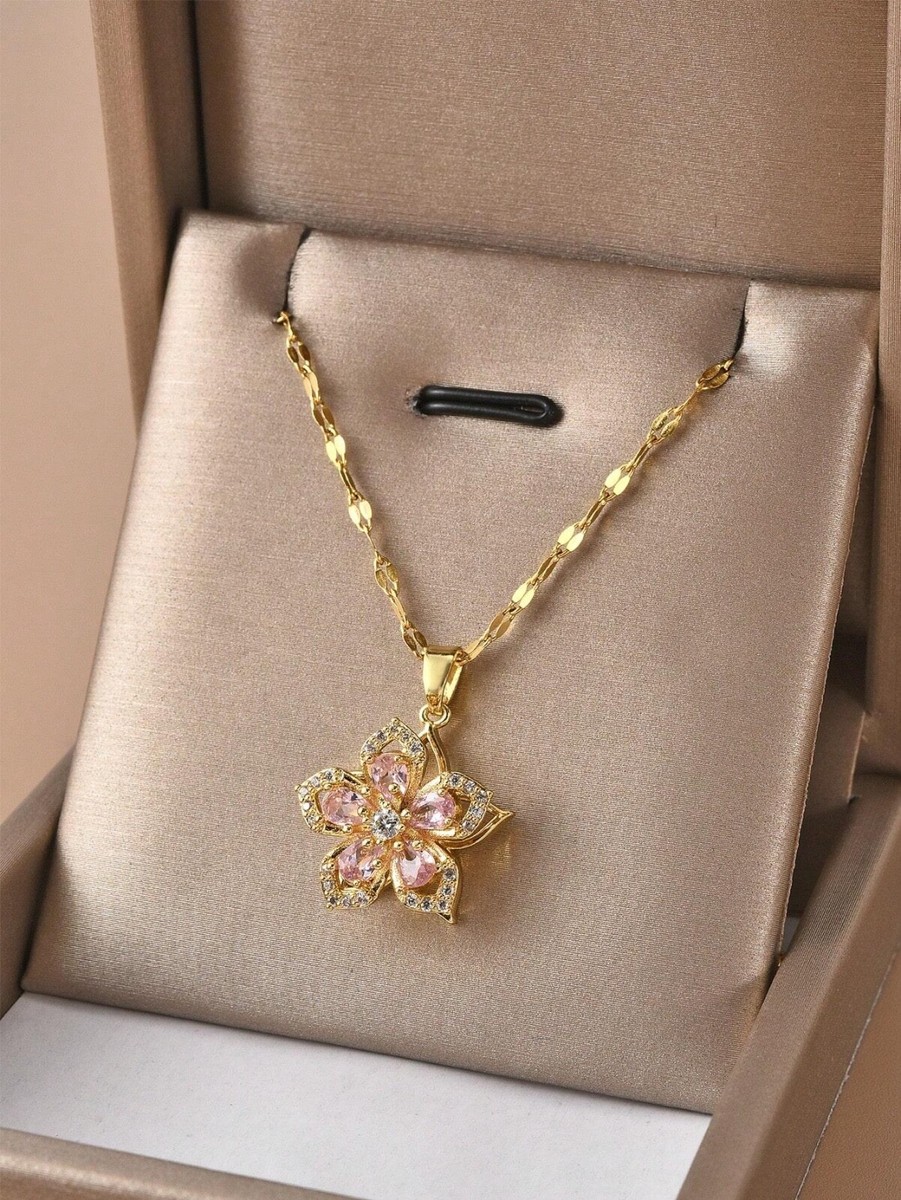 Collar 14K Cadena de Oro Con Pendiente para Mujer Dije de Flor Gargantilla