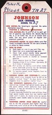 1940s Johnson Motors Sea Horse Model TN 27 Original Instruction Tag 3 x 7"