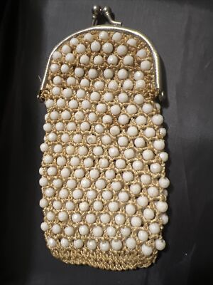 Vintage White Beaded Crochet Change Purse with Snap Kiss Lock Closure  6inX3in