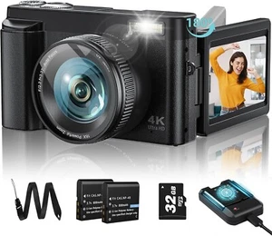4K Caméra de photographie numérique 48MP, 180° Flip écran 16X Zoom Autofocus +32GB SD