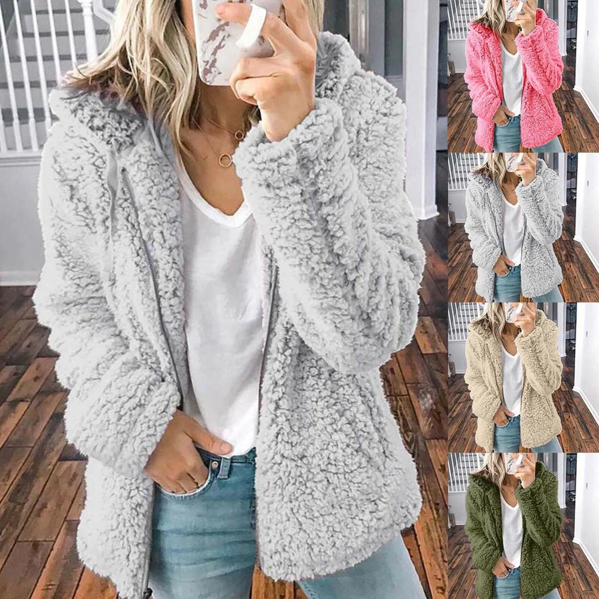 Womens Zip Hoodie Hooded Sweatshirt Coat Long Sleeve Teddy Warm Jacket Plus Size