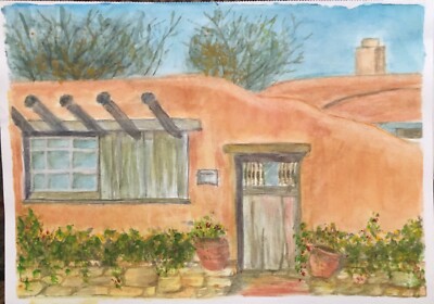 Original Watercolor Painting of an Adobe House in the Summer (6.5''x9.5'')