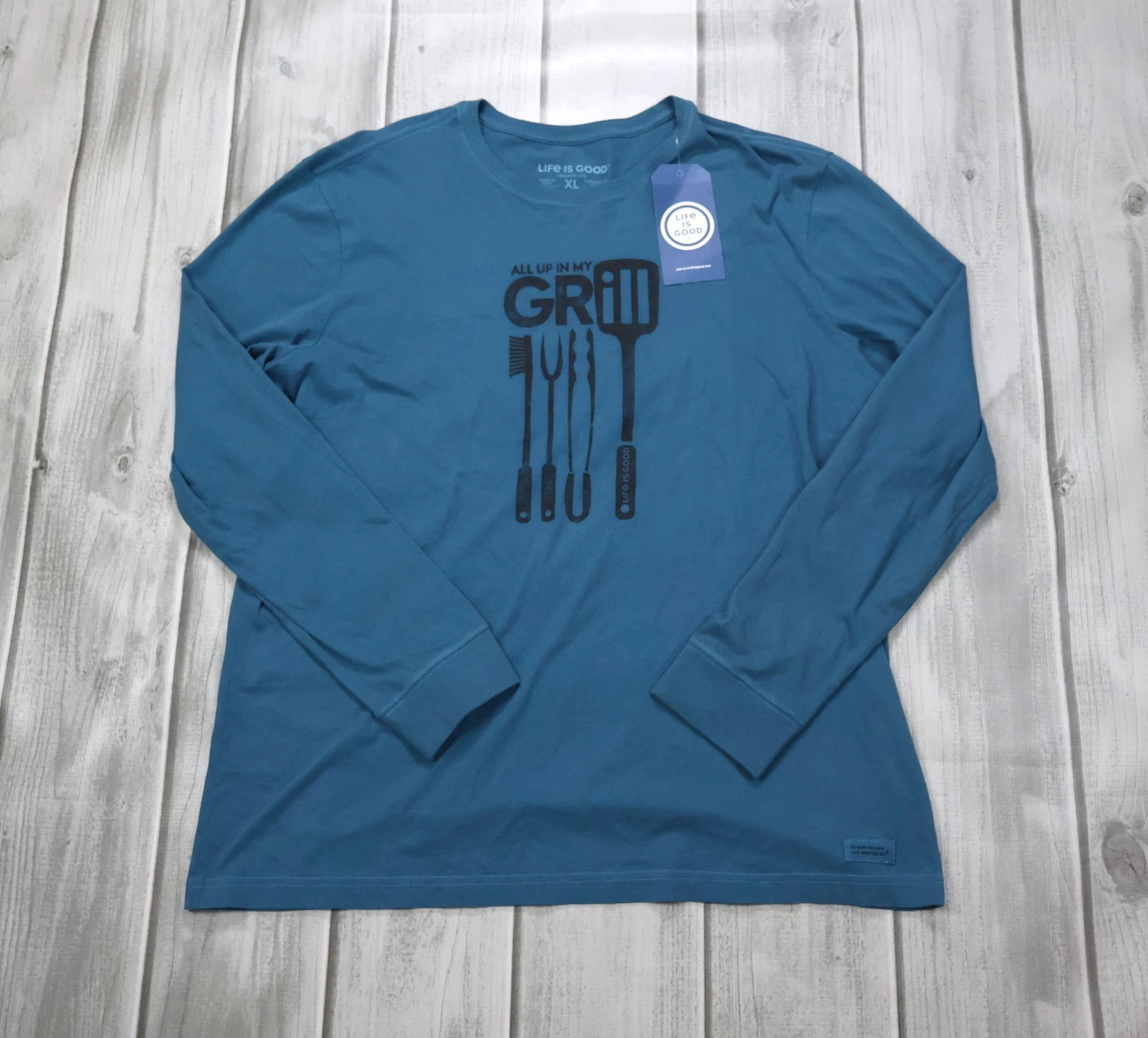 NEW Life is Good Men L/S Crusher Lite Tee All Up in my Grill Blue XL 71733