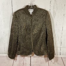 VTG Victor Costa Jacket Womens 14 Green Crinkle Textured Metallic Evening Party