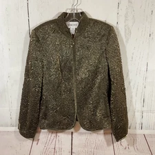 VTG Victor Costa Jacket Womens 14 Green Crinkle Textured Metallic Evening Party
