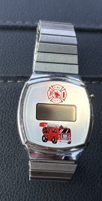 VINTAGE Fire Department Firetruck Digital Watch Stainless Flex Band Untested