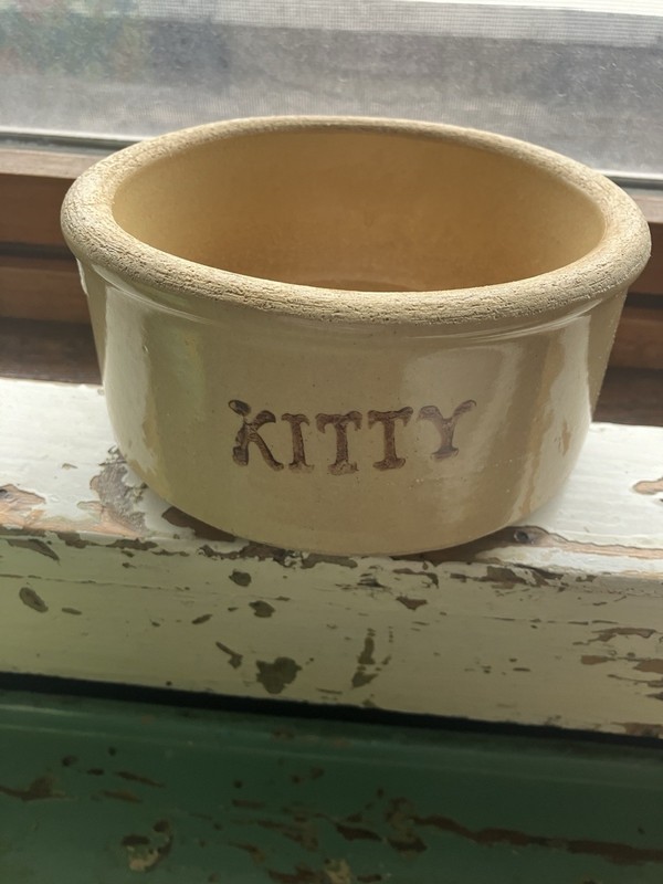 Vintage Robinson Ransbottom Roseville Pottery Glazed Crock Cat Kitty Bowl Dish