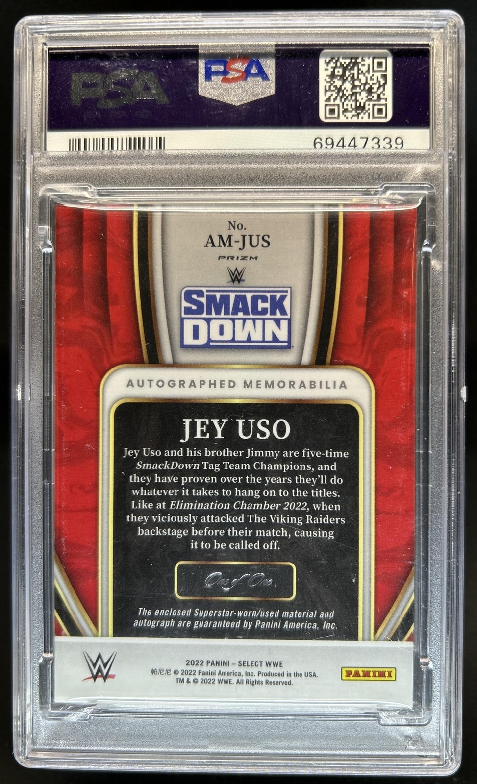 2022 Panini Select WWE Jey Uso Auto Memorabilia Black Prizm Patch #1/1 PSA 9 view 2
