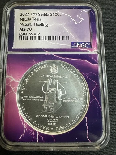 2022 Serbia 1 oz 100 Dinara Nikola Tesla Natural Healing NGC MS70