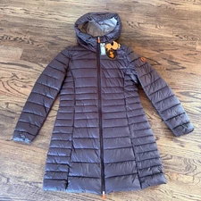 SAVE THE DUCK Women's GIGA3 Hooded Long Jacket Dark Gray Size 1 NWT!!