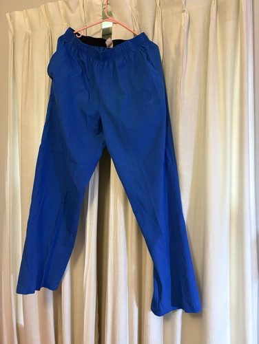 Blue Medical Scrub Pants M Unisex Elastic Waist Cargo Pocket Solid Pattern
