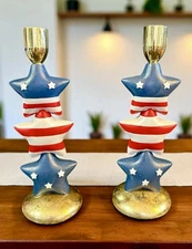 Storehouse Patriotic Stars Americana 8” Tall Pair Of Candlesticks July 4th NIB