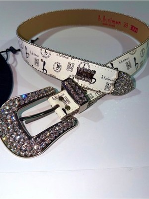 B.B. Simon Beige Leather Belt with Pink Logo and Silver Crystal Edge