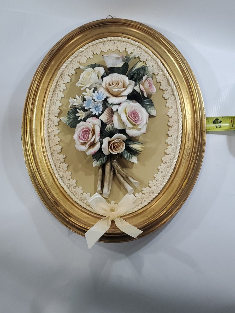 Capodimonte イタリア製　白薔薇　額入り　壁掛け　ドイツ購入品 Capodimonte Framed Wall Art Porcelain Oval 3D Flower Bouquet | eBay