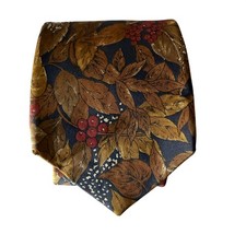Bugatti Mens Silk Tie Navy Blue Brown Autumn Leaf Berry Botanical Made in USA
