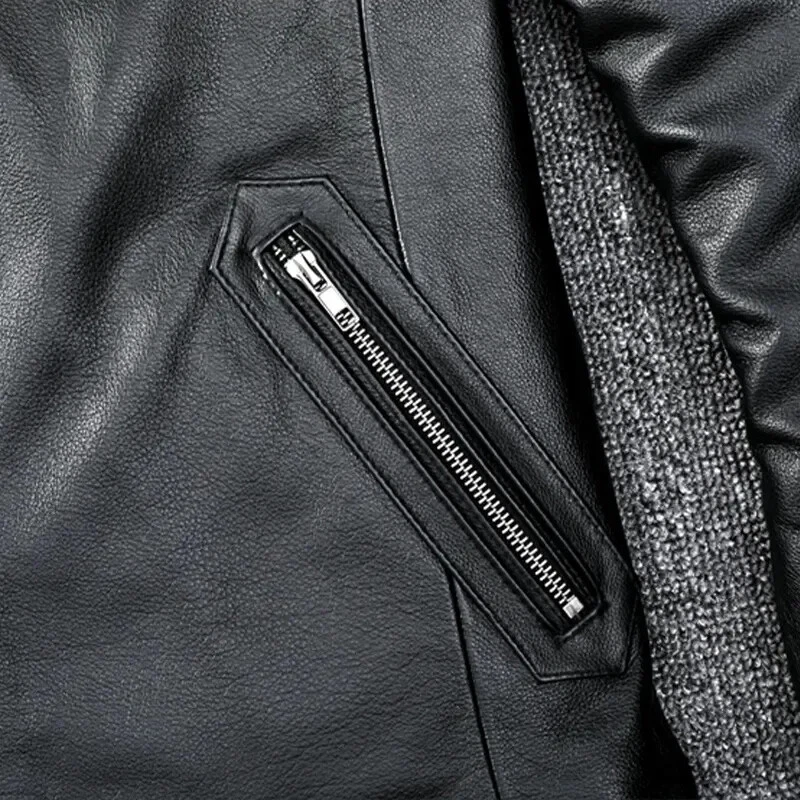 Men's Cowhide Leather Jacket Motorcycle Slim Fit Collar Up Biker Casual Jacket - Image 4 of 4