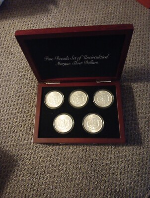 Five Decade Set Of Uncirculated Morgan Silver Dollars With Display