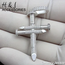 925 STERLING SILVER BLING CZ SILVER 3D NAIL CROSS CHARM PENDANT*ASP139