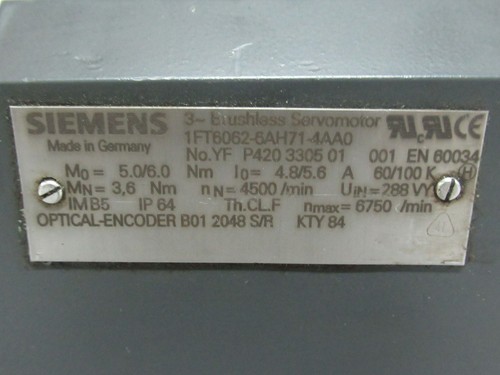 Siemens 1FT6062-6AH71-4AA0 Brushless Servo Motor 4500/6750RPM 4.8/5.6A USED - Picture 4 of 4