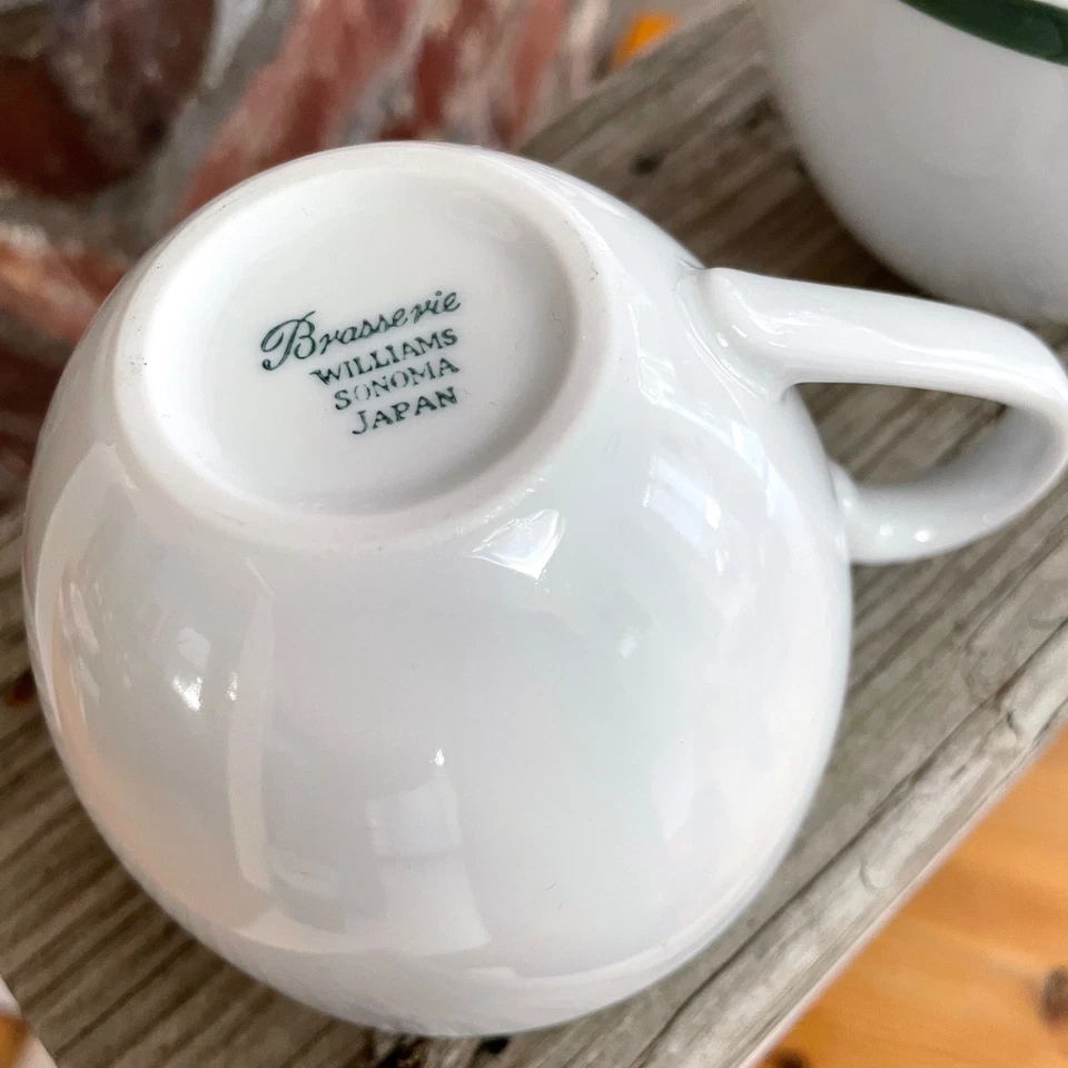 2 -William Sonoma Brasserie White Porcelain 3.5" D Coffee Cups Green Stripe - Image 2 of 3