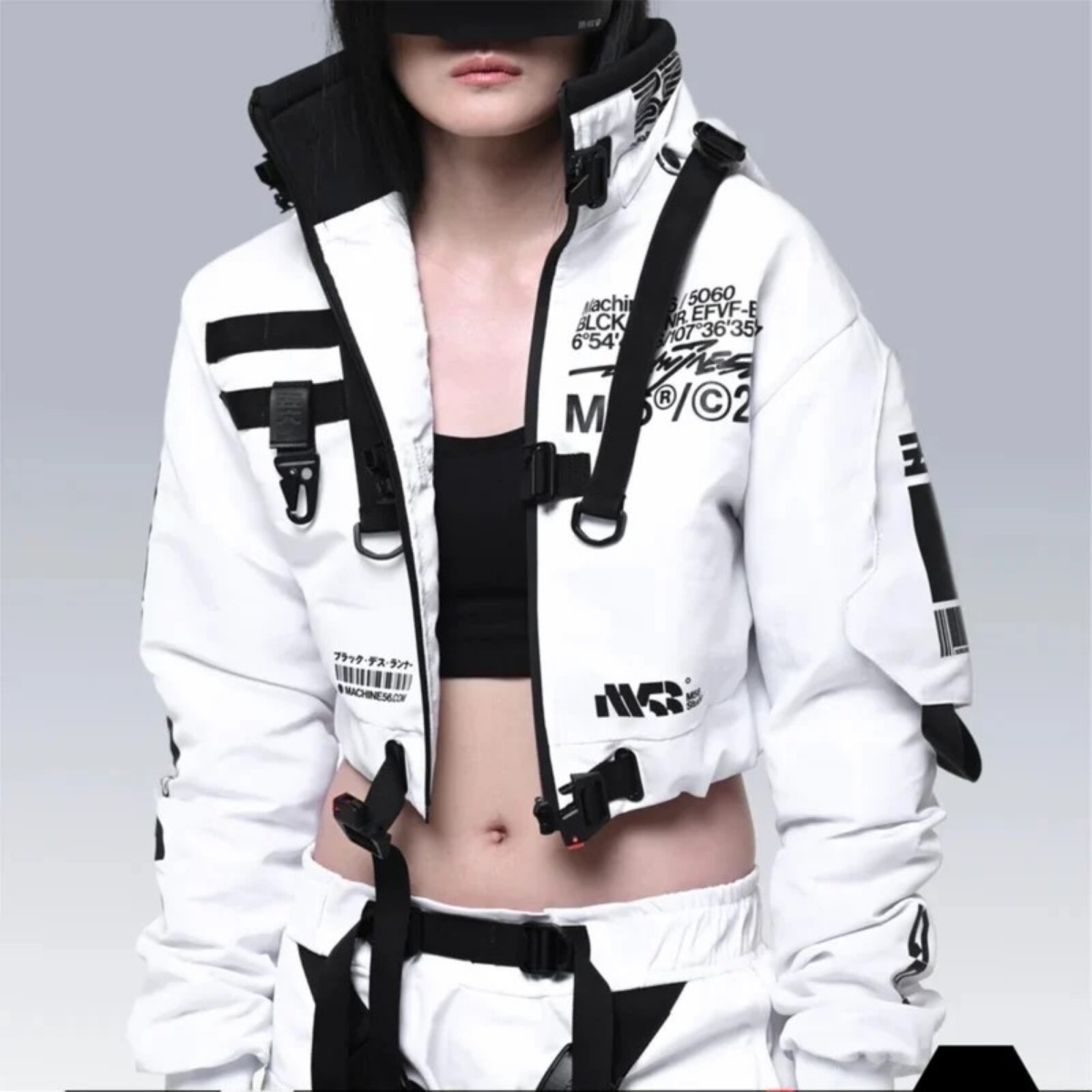 Unisex White Jacket Bomber School Detachable Hoodie Zip Machine56 C4/GRID-M1F