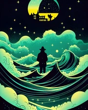 AI-generated art on canvas, ocean, water, beach, night, stars 