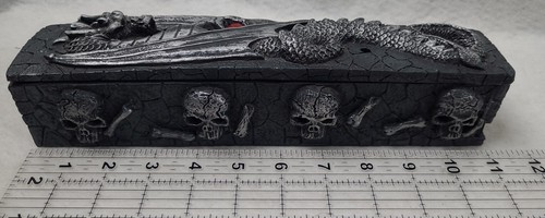 Dragon w/ red gem & skulls Resin Incense Burner. 11" long, 2.25" wide & 3" tall. - Picture 7 of 10