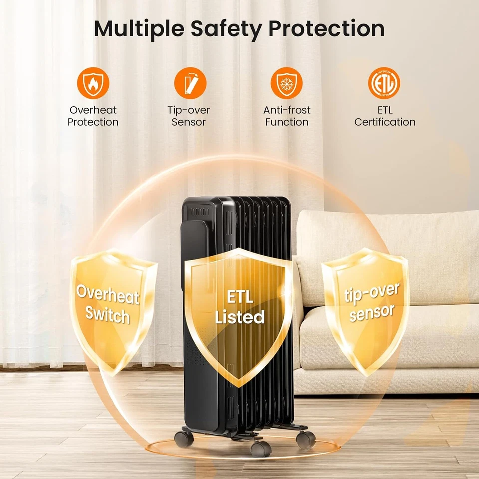 Calentador eléctrico portátil lleno de aceite espacial 1500 W, pantalla LCD, protección antivuelco Foto 4 de 4