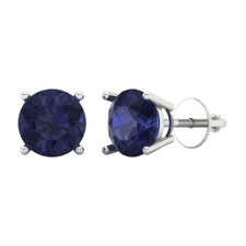 4Ct Round Cut Stud Designer Earrings, Sapphire Gemstone, White Gold, Screw back