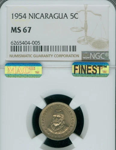 1954 NICARAGUA 5 CENTAVOS NGC MS67 PQ MAC FINEST GRADE SPOTLESS .