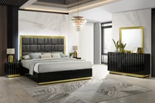 NEW 4PC Modern LED Queen King Gloss Black Gold Contemporary Bedroom Set B/D/M/N